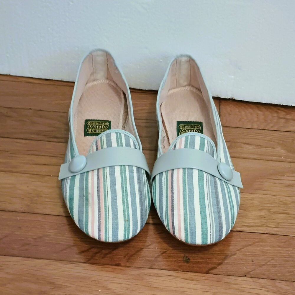 Daniel Green Comfy Stripe Slippers 7.5 Women's Pastel House Shoe Slip On Flats